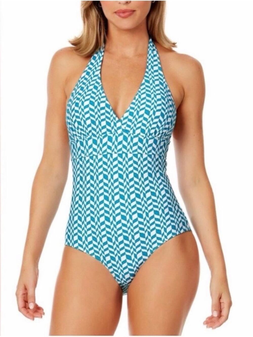 Anne Cole Marilyn Halter One Piece Swimsuit - Turquoise/White - 12 - NWT